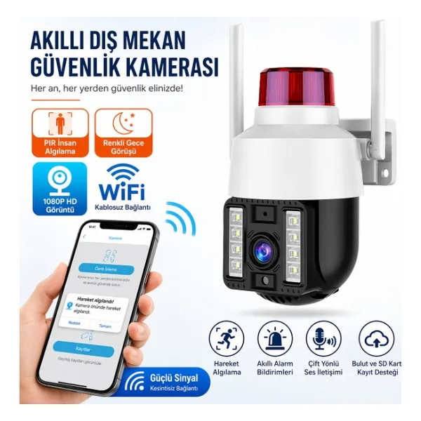 Lisa Butik 1080P Speed Dome Ip Wifi Kablosuz Dış Mekan Camera Çakarlı Güvenlik Kamerası - Beyaz