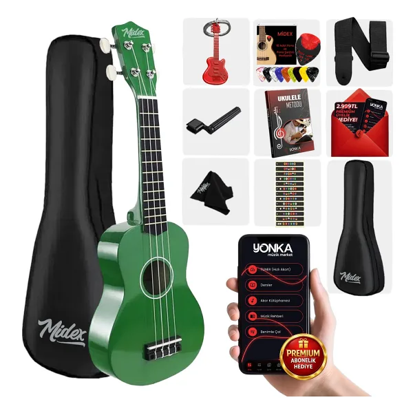 Midex UKX-901GR Yeşil Soprano Ukulele (Askı Çanta Metod Pena)