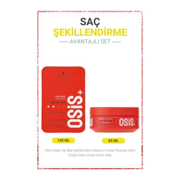 Osis Mess Up Mat Şekillendirici Macun 100ml + Flexwax Ultra Güçlü Doku Veren Krem Wax 85ml - Şeffaf
