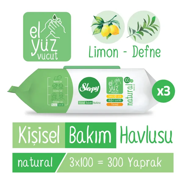 Sleepy Natural 100 Yaprak 3'lü Paket Kişisel Bakım Havlusu