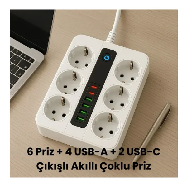 Smayling 6 Prizli Akıllı Uzatma Kablosu - 4 Usb-A + 2 Type-C Hızlı Şarj Çıkışlı Akım Korumalı , 2 Metre Kablo