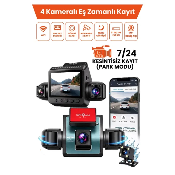 Teknoloji Gelsin 4 Kameralı Araç İçi Kamera Lcd Ekranlı 360° 1080P HD Gece Görüşü, G Sensor, Park, Döngü Kayıt WDR, Uygulama Kontrol