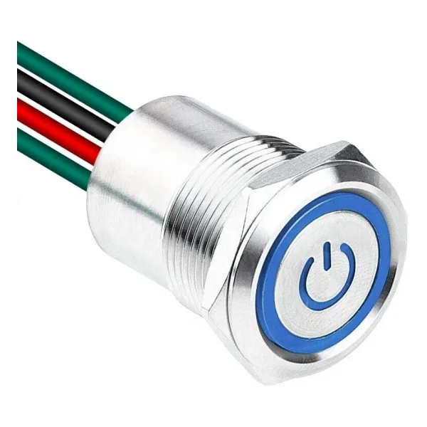 WD19D1-P2-EC 19mm Düz Yaylı Işıklı Power Kablolu Metal Buton - Mavi