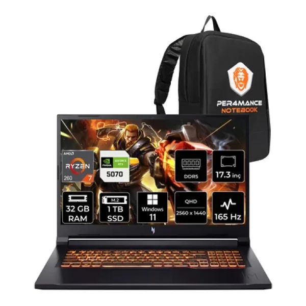 Acer Nitro V17 Aı Ryzen 7 260 32Gb 1Tb Ssd Rtx5070/8Gb 85W 17.3" Qhd 165Hz W11h Gaming Laptop