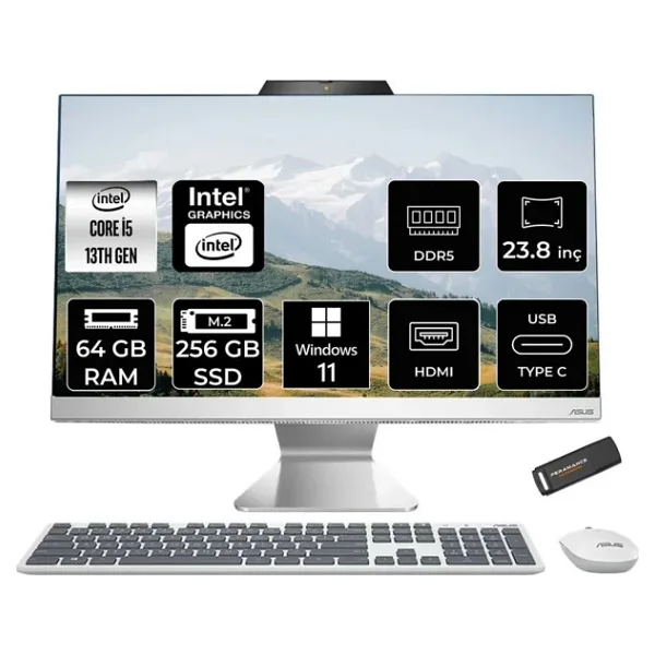 ASUS A3402WVAK i5 1335U 64GB DDR5 256GB SSD Intel Graphics 23.8 FHD W11P Beyaz All in One & PER4