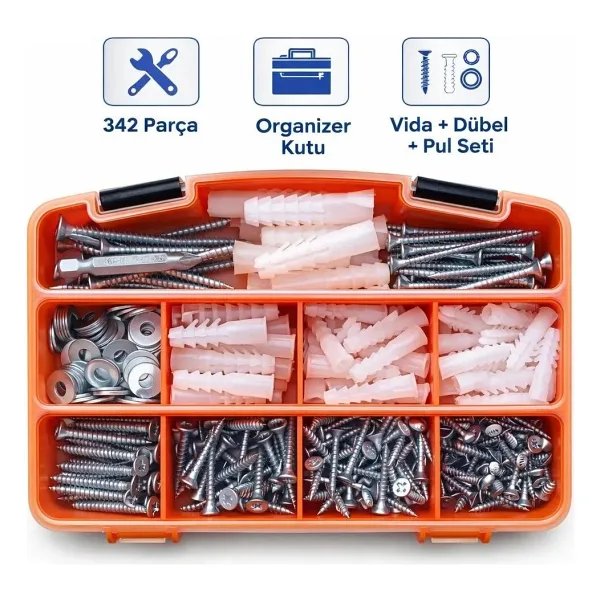 CIVTEX CİVATA 342 Parça Vida Dübel Pul Seti - DIN 7505 Sunta Vidası - Organizer Takım Kutusu - 1 Adet