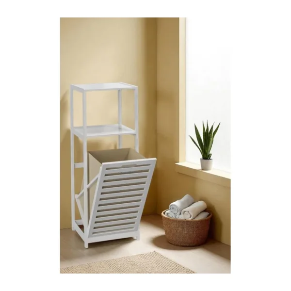 Digithome Bambu Beyaz Mat Lake Kirli Sepetli 2 Raflı Banyo Düzenleyici Çamaşır Sepeti DB-0020