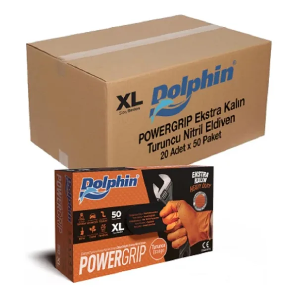 Dolphin Nitril Powergrip Ekstra Kalın Elmas Dokulu Eldiven Turuncu Xl Büyük Boy - 50'Li 20 Paket