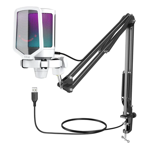 Fifine Ampligame A6T Beyaz RGB USB Yayıncı Mikrofonu