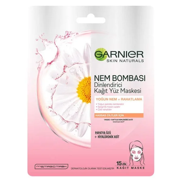 Garnier Nem Bombası Kuru ve Hassas Ciltler Dinlendirici Kağıt Yüz Maskesi