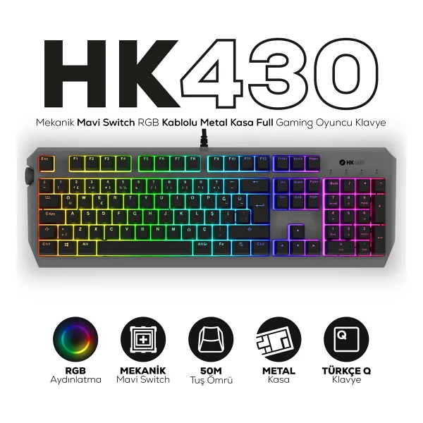 Hawk Gaming HK430 RGB Blue Switch Kablolu Mekanik Oyuncu Klavyesi