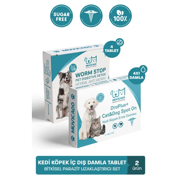 Kedi Köpek İç Dış Parazit Damlası ve Tableti Seti - Parazit Uzaklaştırıcı Bitkisel Damla - Ödül Tablet Seti - Bit Pire Giderici Damla ( 4 İç Parazit + 4 Dış Parazit )