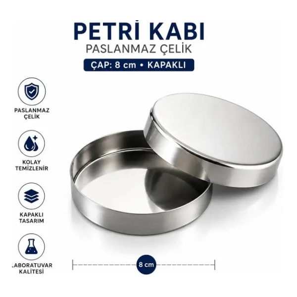 Labolist Petri Kabı Paslanmaz Çap 8 cm Kapaklı