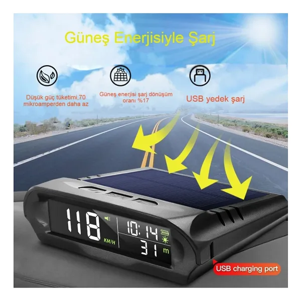 MDS Hız Göstergesi Güneş Enerjili GPS Tüm Araçlarla Uyumlu Evrensel Hassas ve Şık S98 HUD Ekranı