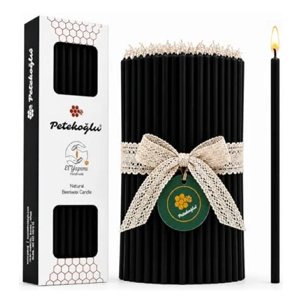 Petekoğlu (40 Adet Siyah) Balmumu Mum Dilek Mumu Doğal Petek Ince Uzun Parti Rituel Doğum Günü Mumu Beeswax Candle