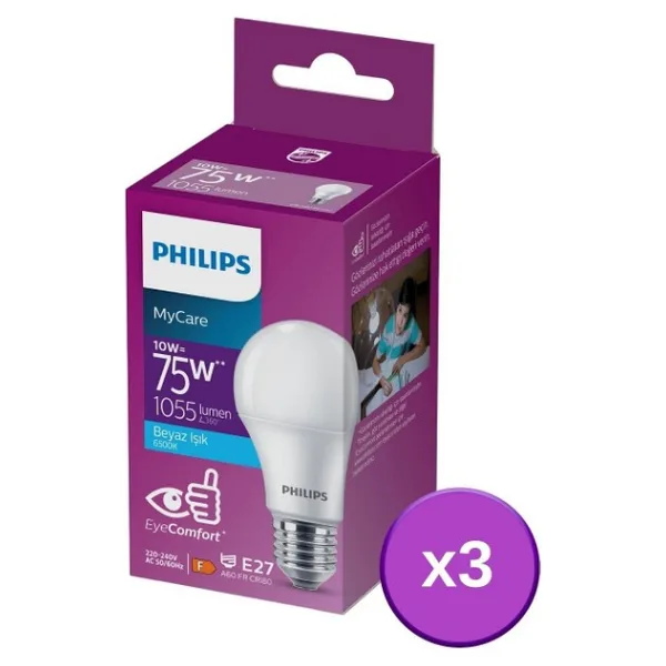 Philips LED 10-75W Ampul 6500K Beyaz Işık 3'lü - 1 - 10 W