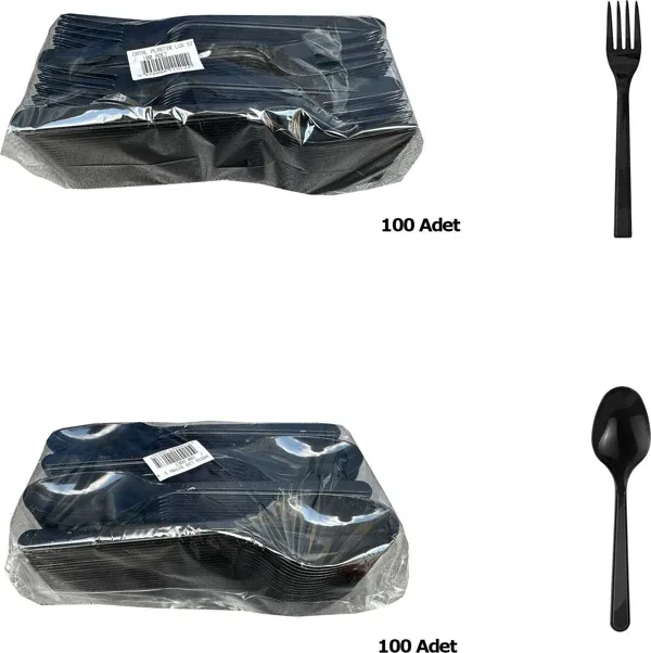 Plastik Siyah Çatal Kaşık Seti Takımı- 100 Ad. Çatal + 100 Adet Kaşık - 18 Cm.