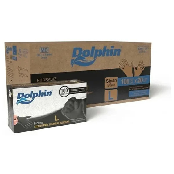 Şeylişeyler - Dolphin Siyah Nitril Eldiven L Beden (Large) Pudrasız Muayene Eldiveni - 5 Paket (500 Adet)