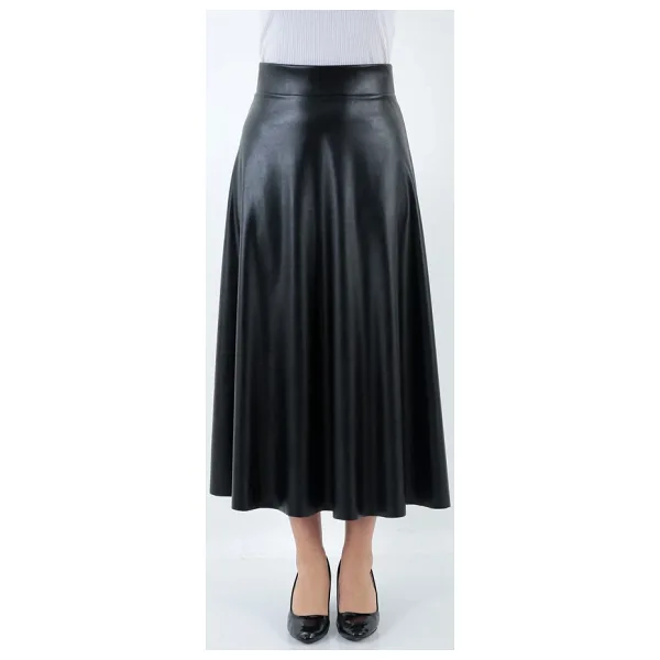 WAYS Kadın Suni Deri Siyah Uzun Tesettür Kloş Mevlana Etek Faux Leather