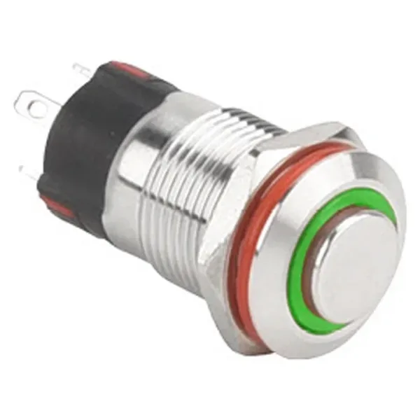 WD12A-G1-E 12mm Çıkık Yaylı Işıklı Metal Buton - Yeşil