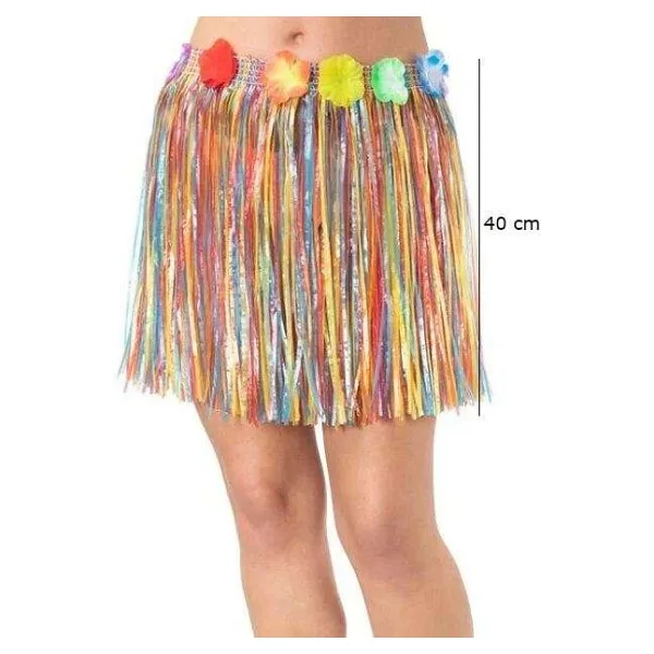 Yetiskin Ve Cocuk Uyumlu Rengarenk Puskullu Hawaii Luau Hula Etek 40 Cm