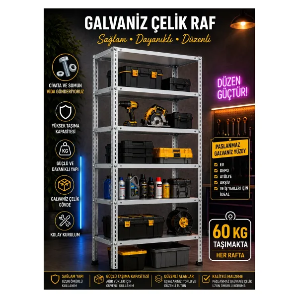 Alanraf Çelik Raf 6 Katlı 31X75X200 Raf Sistemleri, Depo Rafı, Arşiv Rafı, Kiler Rafı, Çok Amaçlı Raf