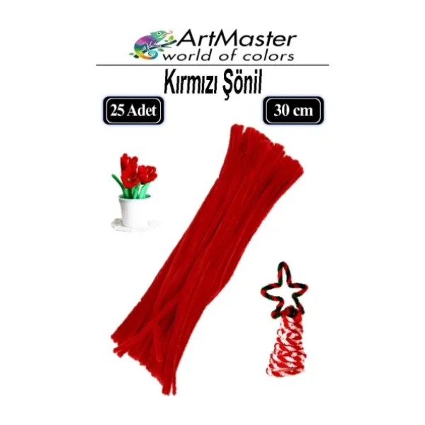 ArtMaster Şönil Kırmızı 30 cm 25 Li 1 Paket Renkli Tüylü Tel Şönil Pipo Temizleyici Okul Öncesi Anasınıfı Kreş Hobi Eğitici - Standart