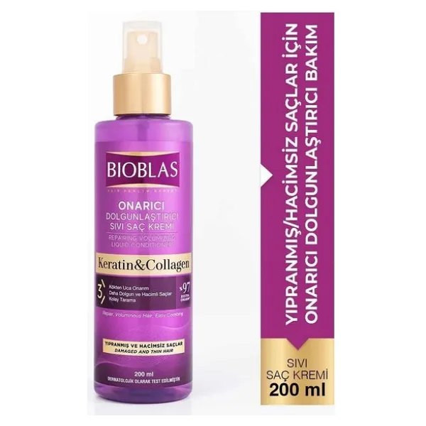 Bioblas Onarıcı Dolgunlaştırıcı Sıvı Saç Kremi 200 Ml Keratin ve Kolajen İçeren Etkili Bakım