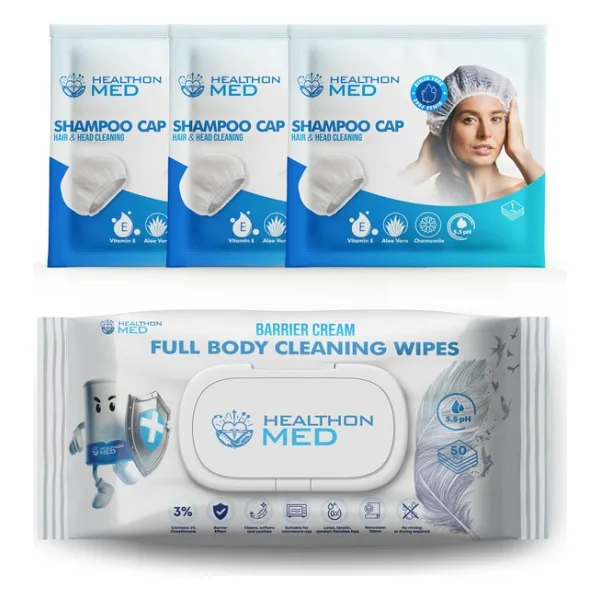 HEALTHON MED 3'lü Durulama Gerektirmeyen Saç Şampuan Bonesi + 1 Adet 50'li Bariyer Koruyucu Vucüt Temizlik Mendili - Kamp, Seyahat ve Hasta Bakımı İçin Hijyen Temizlik Seti