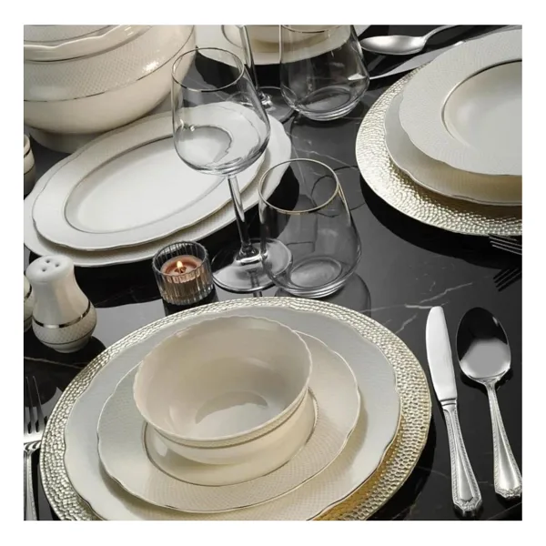 Kütahya Porselen Bone Olympos 1133920 Platin 62 Parça 12 Kişilik Yemek Takımı