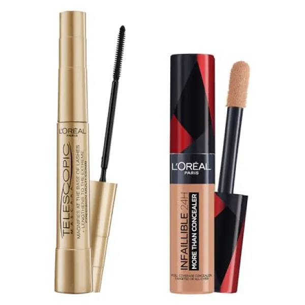 L'Oreal Paris Telescopic Maskara - Siyah & Infaillible Tüm Yüze Uygulanabilir Kapatıcı 330 Pecan Makyaj Seti