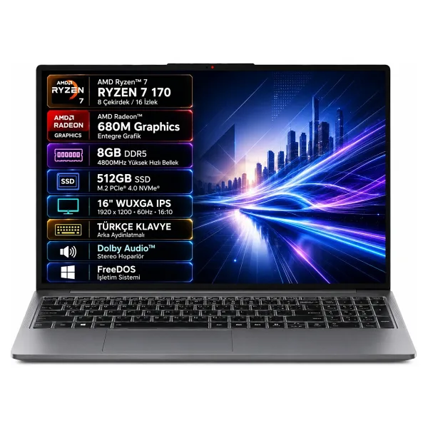 LENOVO IdeaPad Slim 3 16ARP10 83K800DKTR AMD Ryzen 7-170 8GB 512GB SSD 16 IPS Freedos