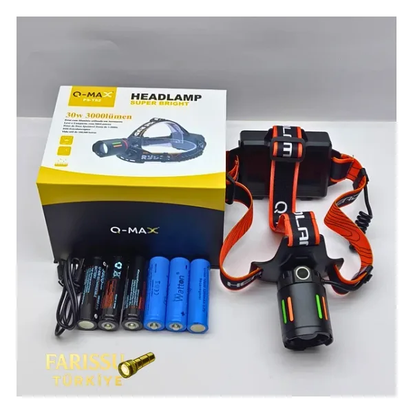 Q-Max Ps-T62 3000 Lümen Kafa Lambası - 3 Adet 18650 Yedek Pilli - Powerbank Özellikli