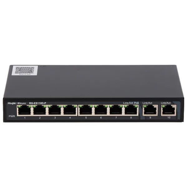Reyee RG-ES110D-P 10 Portlu, 10/100 Fast Ethernet, Tak Çalıştır Switch, 2 Gigabit Uplink, 8 Port PoE+ (110W)