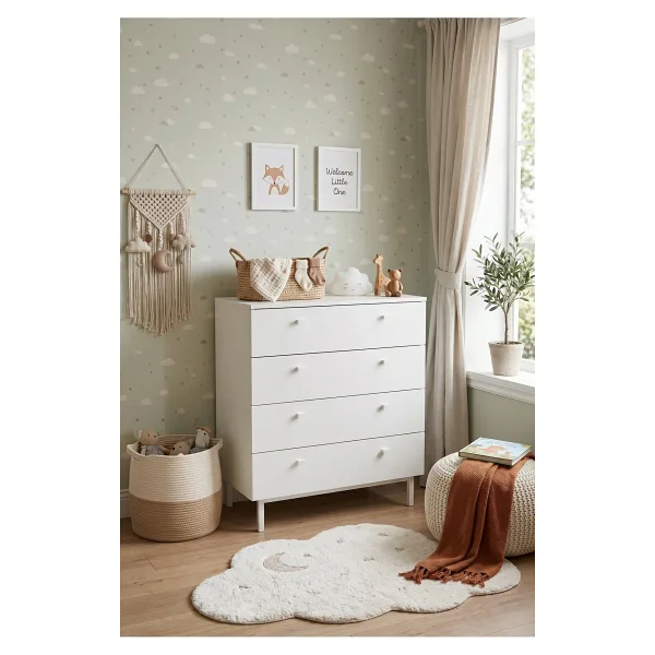 Robin Home Bebek Odası Çocuk Odası Geniş Şifonyer 4 Çekmeceli Ahşap Ayaklı Beyaz