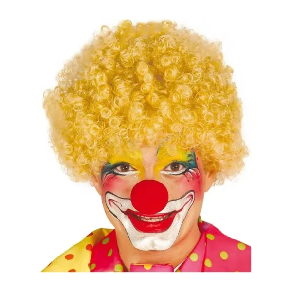 Sarı Renk Kıvırcık Afro Bonus Peruk Takma Saç ve Kırmızı Burun Seti