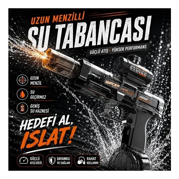 Şarjlı Otomatik Su Tabancası Oyuncak Gerçekçi Geri Tepme Efektli Geniş Su Hazneli Uzun Menzilli Elektrikli Su Silahı