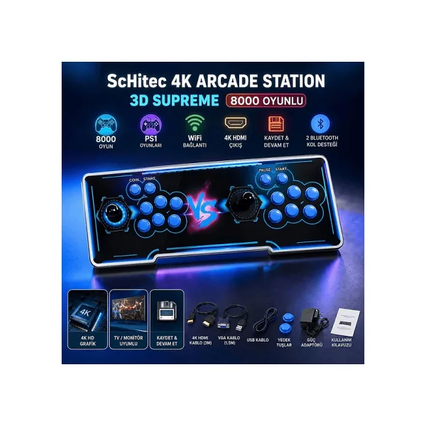 ScHitec 4K Arcade Station 3D Supreme 8000 Oyunlu TV Baglanan Atari Makinası