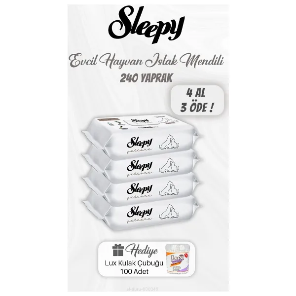 Sleepy 4 AL 3 ÖDE Evcil Hayvan Islak Mendili 240 Yaprak, Kulak Çubuğu Hediyeli