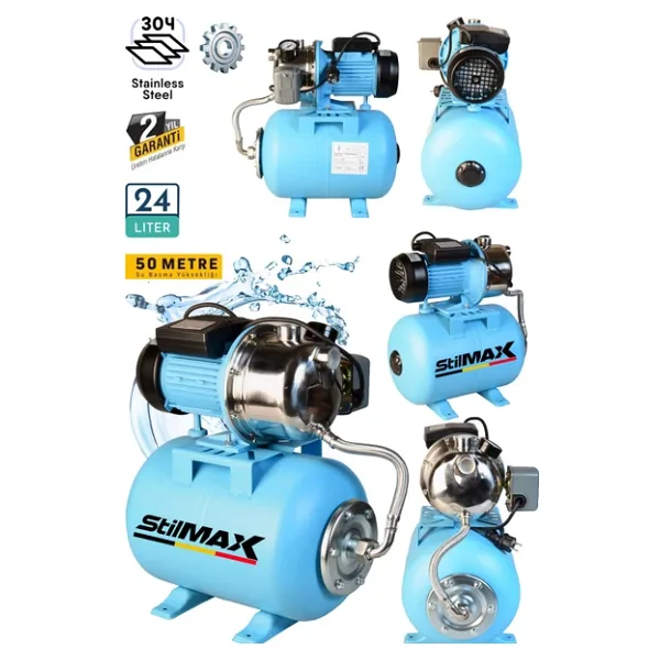 Stilmax Metal Dişli Sistem Otomatik Paket Hidrofor 24LT Tank + 1.5hp Paslanmaz Bakır Sargılı Jet Motor Seti