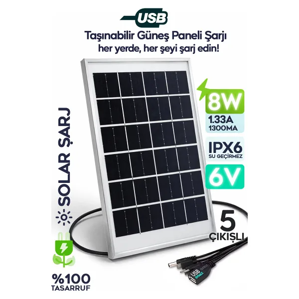 SULED 8W Güneş Enerjili Solar USB Şarj Paneli 6V USB Çıkışlı 2A Telefon Tablet ve USB Ürün Şarj Ünitesi