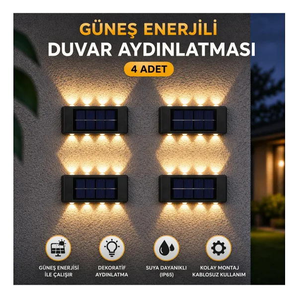TeknoEser 4 Adet Gunes Enerjili 10 LED Duvar Aplik Bahce Balkon Dis Mekan Solar Aydinlatma Seti
