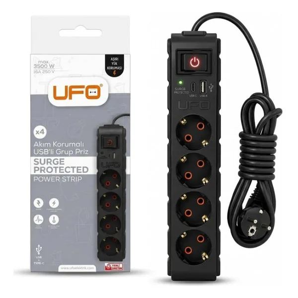 Ufo Yeni 4lü Akım Korumalı Grup Priz 5 Metre Bakır Kablolu, 5V 2,4A USB ve Type-C ile Şarj, Anahtarlı Topraklı Priz, Sürekli Koruma, 16A 250V, Max 3500W Aşırı Yük Koruması, 5m. Siyah Renk