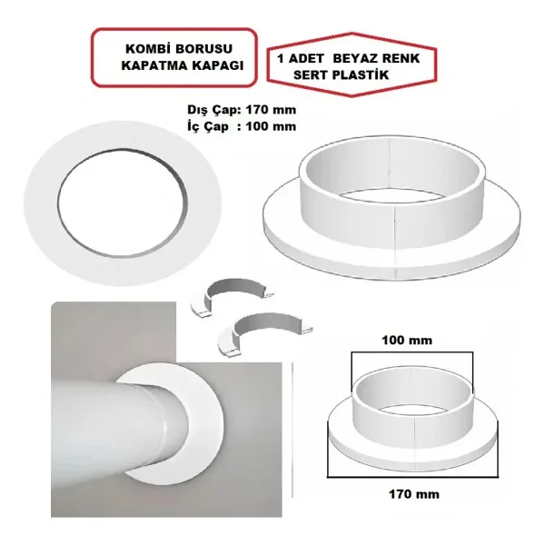 Universal Kombi Baca Borusu Kapağı /baca Kapağı 17x10 Cm 1 Adet Beyaz Renk Sert Plastik (iki Parça Geçme)