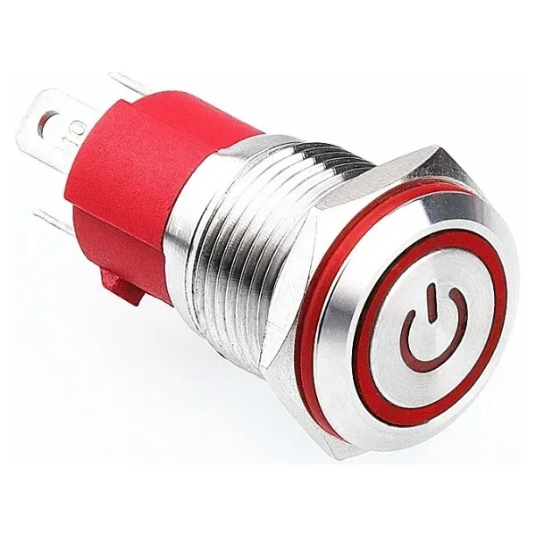 WD16D-P1-EC 16mm Düz Yaylı Işıklı Power Metal Buton - Kırmızı