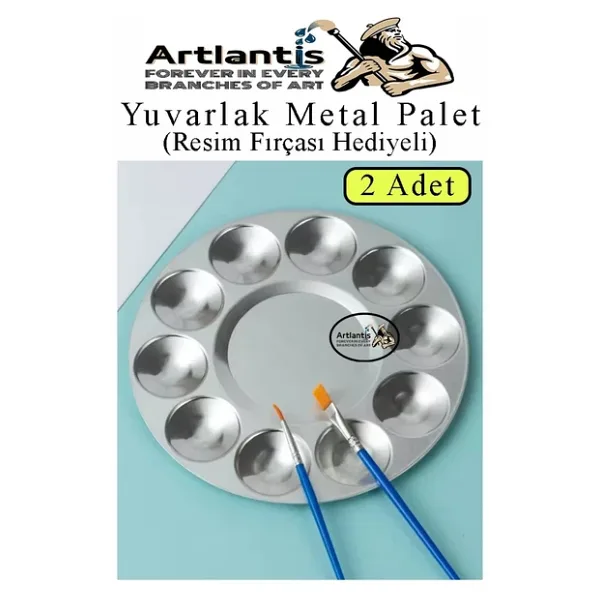 Yuvarlak Metal Palet 2 Adet Metal Boya Paleti 10 Hazneli 17 Cm Paslanmaz Resim Boyama Paleti Fırça Hediyeli