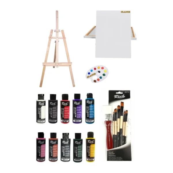 Ayaklı Şövale+50x70 Tuval 10'lu Rich Akrilik 120 Cc+7'li Fırça Set