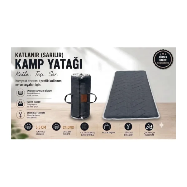 Beyaz Fitilli Koyu Antrasit Gri Taşınabilir Katlanır Yatak Karavan Kamp Yatağı Anne Yanı Yer Yatağı - 90 x 190 cm
