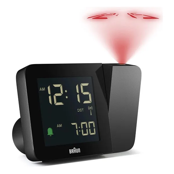 Braun Dijital kablosuz projeksiyonlu çalar saat, orta Avrupa saat dilimi (DCF) için, negatif LCD ekranlı, hızlı ayar ve alarm bip sesi, siyah renkte, model BC15B-DCF.
