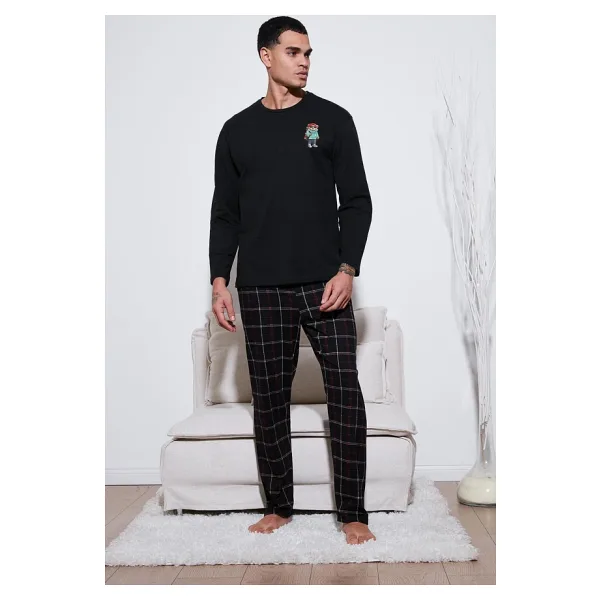Buratti Ekoseli Regular Fit Yüksek Bel Cepli Bisiklet Yaka Erkek Pijama Takımı 6574002 SİYAH-SİYAH
